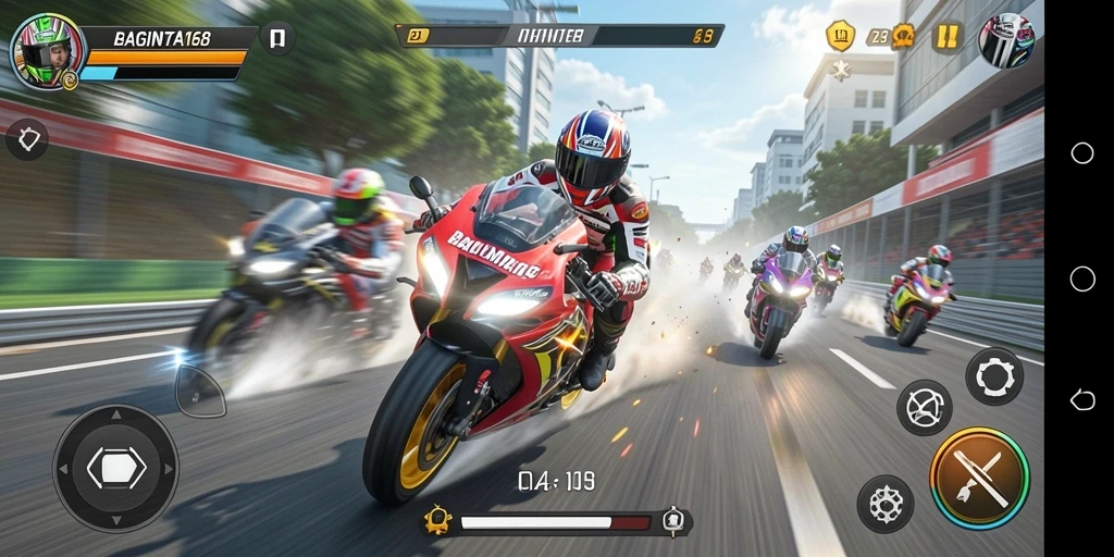 Gameplay seru di BAGINTA168 saat balapan motor.