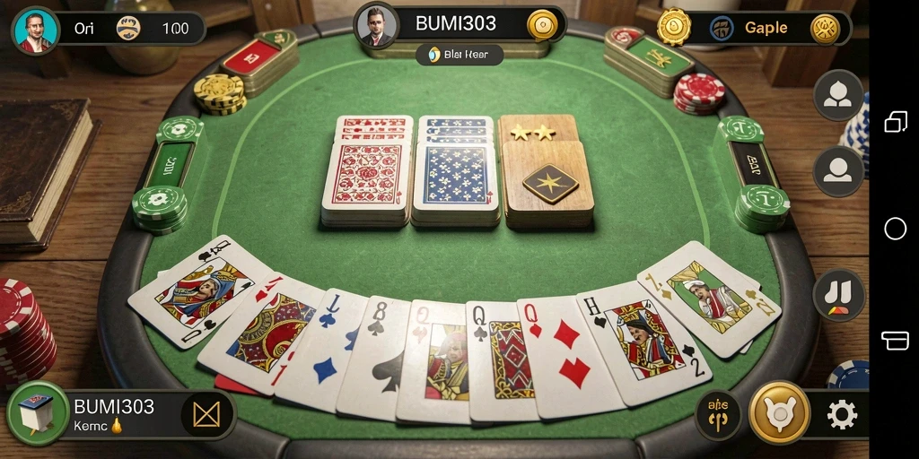 Tampilan gameplay seru BUMI303 dengan pemain yang asyik bermain Gaple.