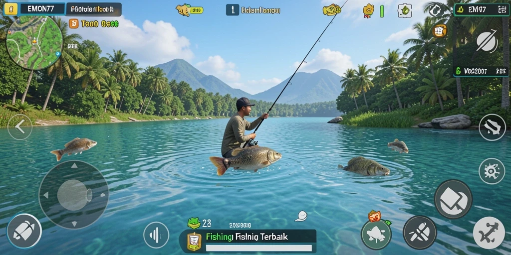 Screenshot gameplay <strong>EMON77</strong> menunjukkan keseruan dalam menangkap ikan besar.