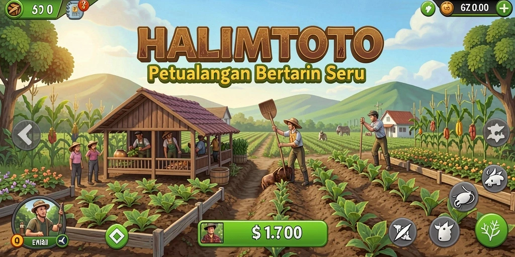 Tampilan screenshot HALIMTOTO menampilkan aktivitas bertani yang menyenangkan.