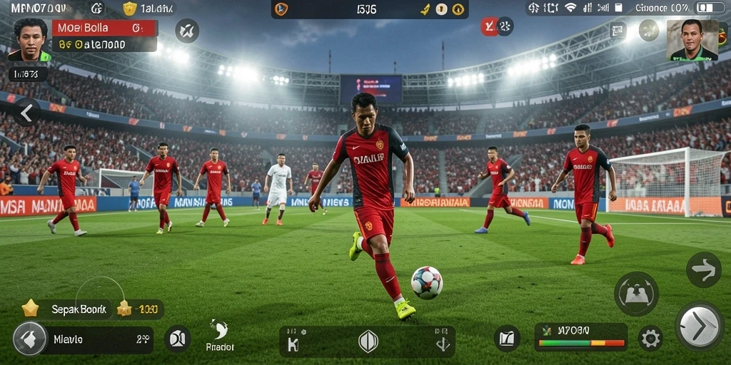 Screenshot menampilkan aksi seru di lapangan sepak bola.