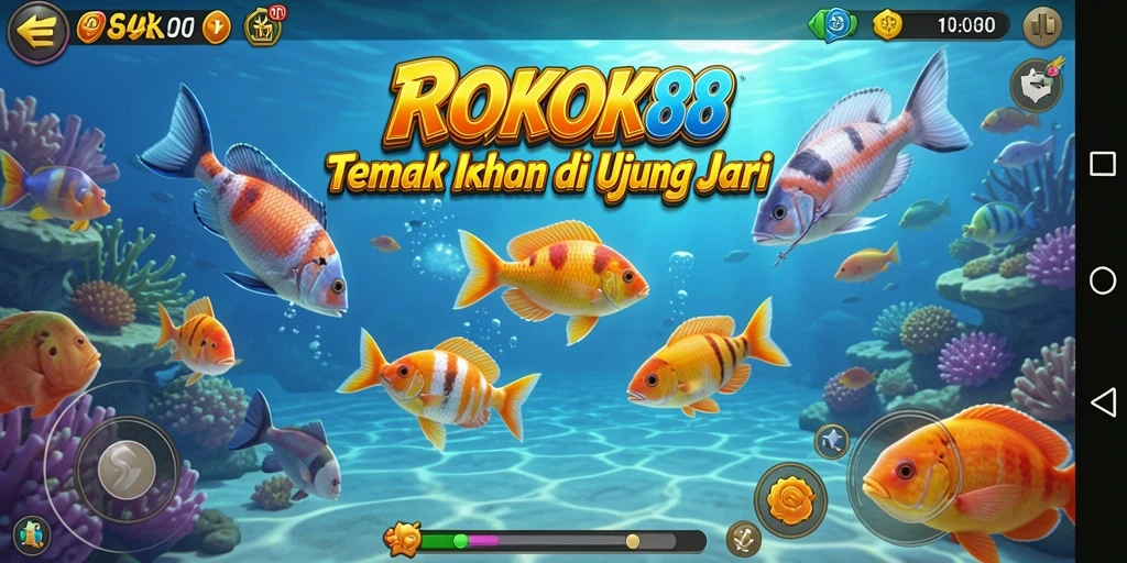 Tampilan gameplay seru dari ROKOK88 dengan ikan berwarna-warni.