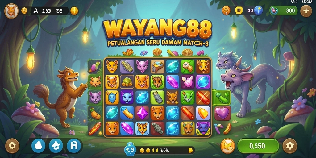 Tampilan gameplay seru di WAYANG88 dengan kombinasi match-3 yang menarik.